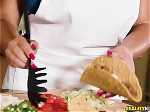 huge-titted Latina instructs JMac how to pack taco shells